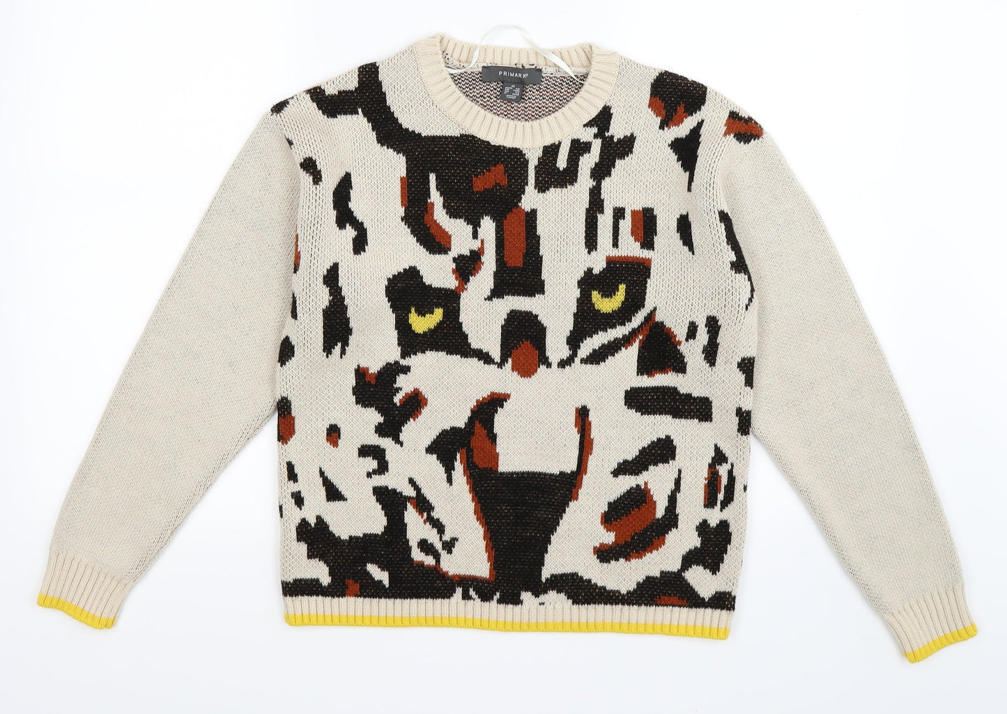 Primark Womens Beige Animal Print Knit Pullover Jumper Size XS  - TIGER