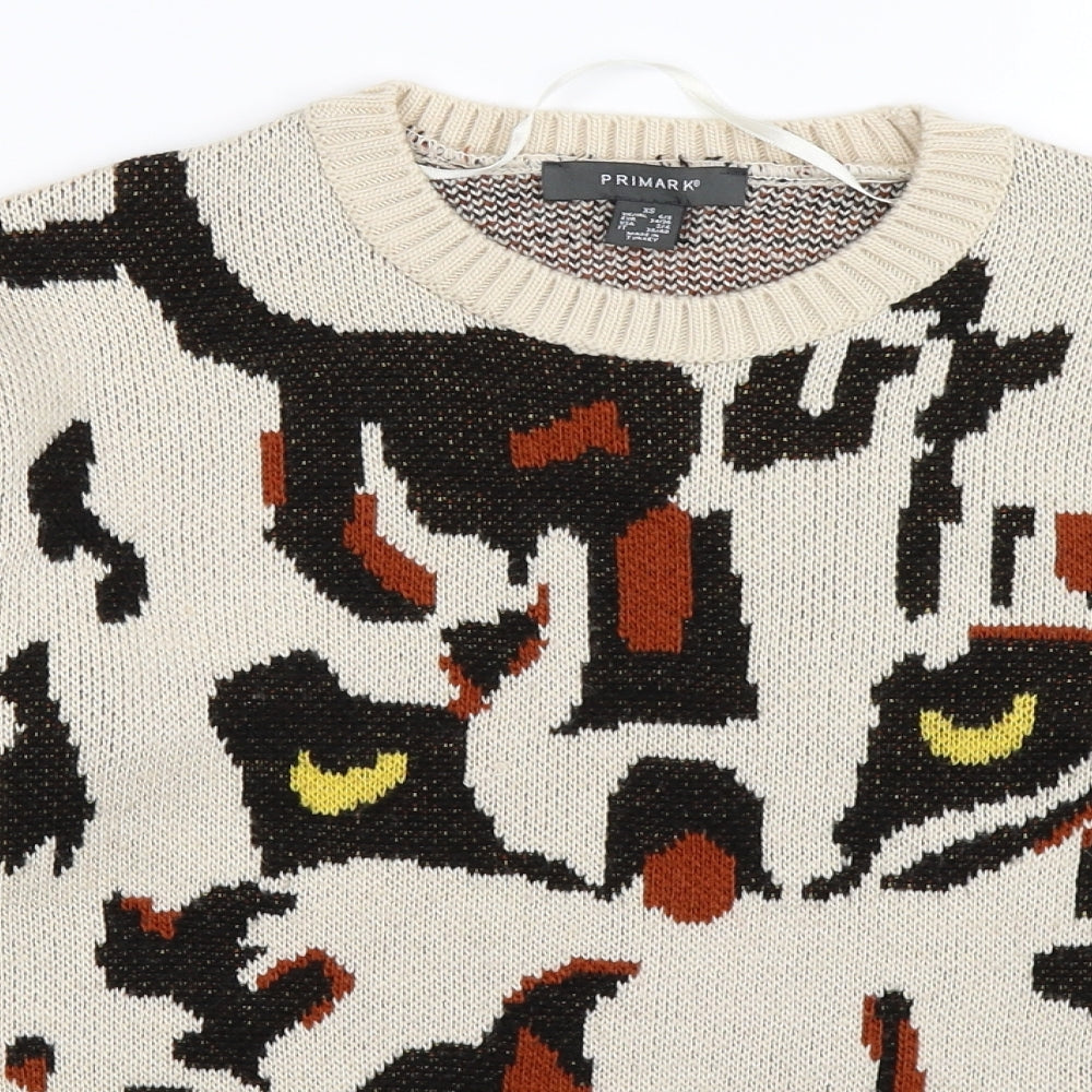 Primark Womens Beige Animal Print Knit Pullover Jumper Size XS  - TIGER