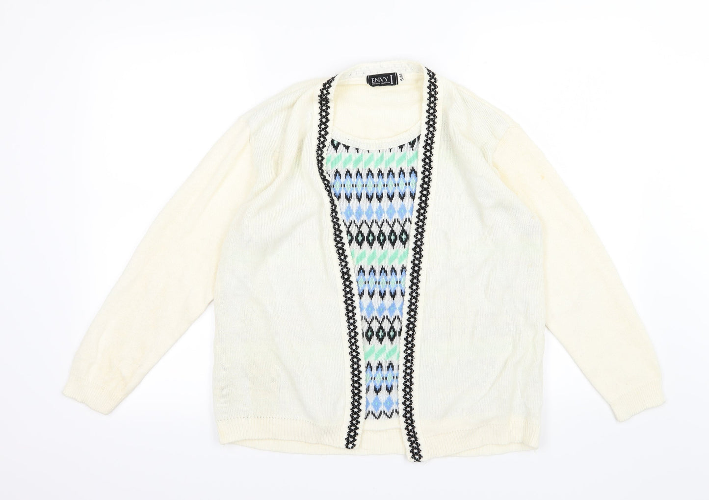 Envy Womens Ivory Argyle/Diamond Knit Pullover Jumper Size S  - top and cardigan in one