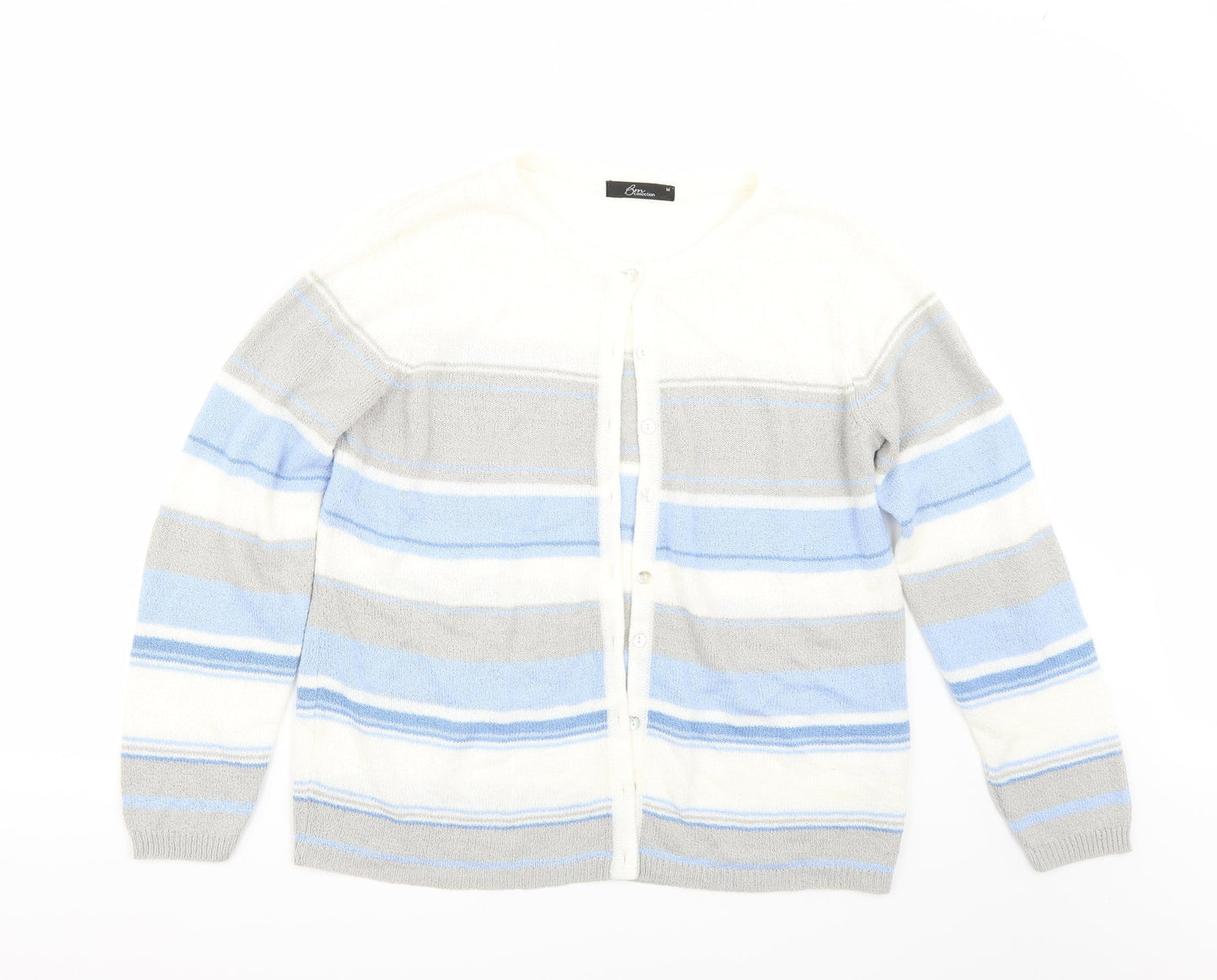 BM Womens White Striped  Cardigan Jumper Size M