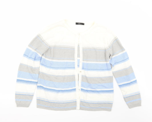 BM Womens White Striped  Cardigan Jumper Size M