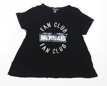 Primark Girls Black   Basic T-Shirt Size 9-10 Years  - Mermaid Fan Club