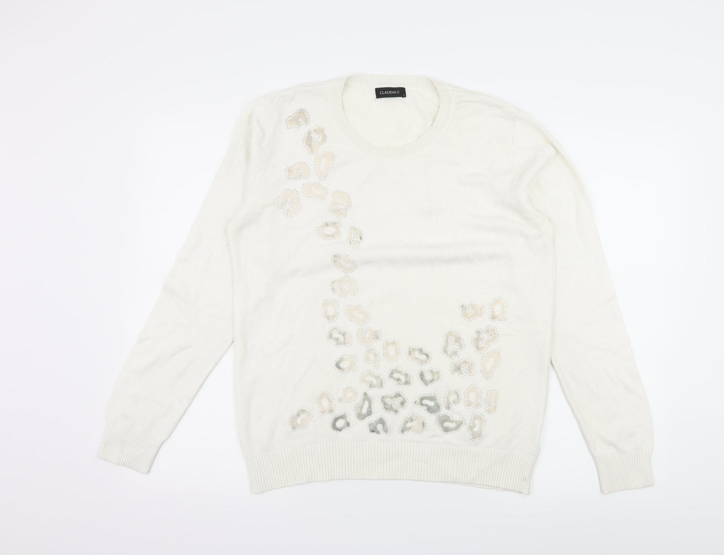 Claudia C Womens White Animal Print Knit Pullover Jumper Size L