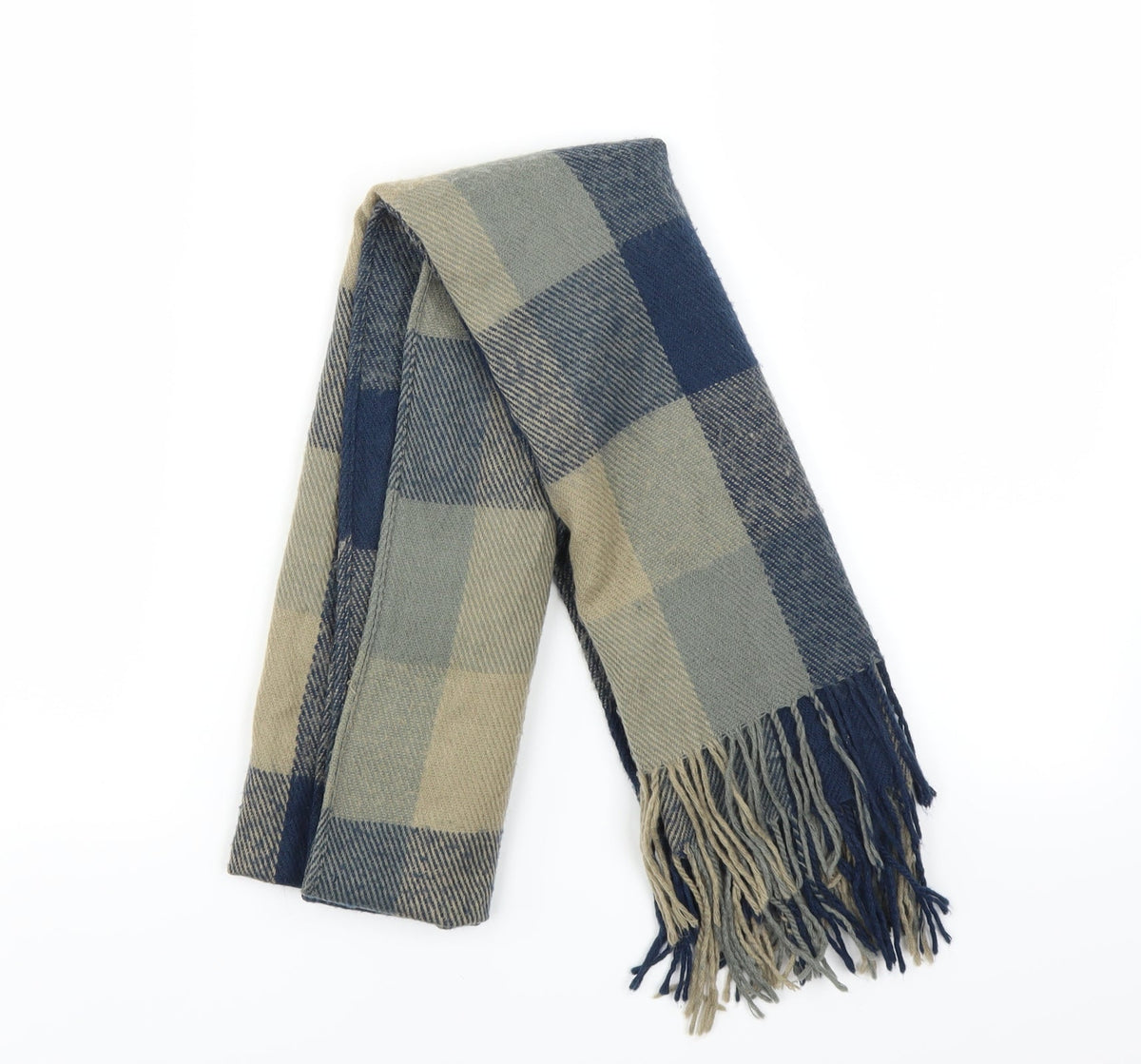 Front view of Preworn unisex blue check scarf