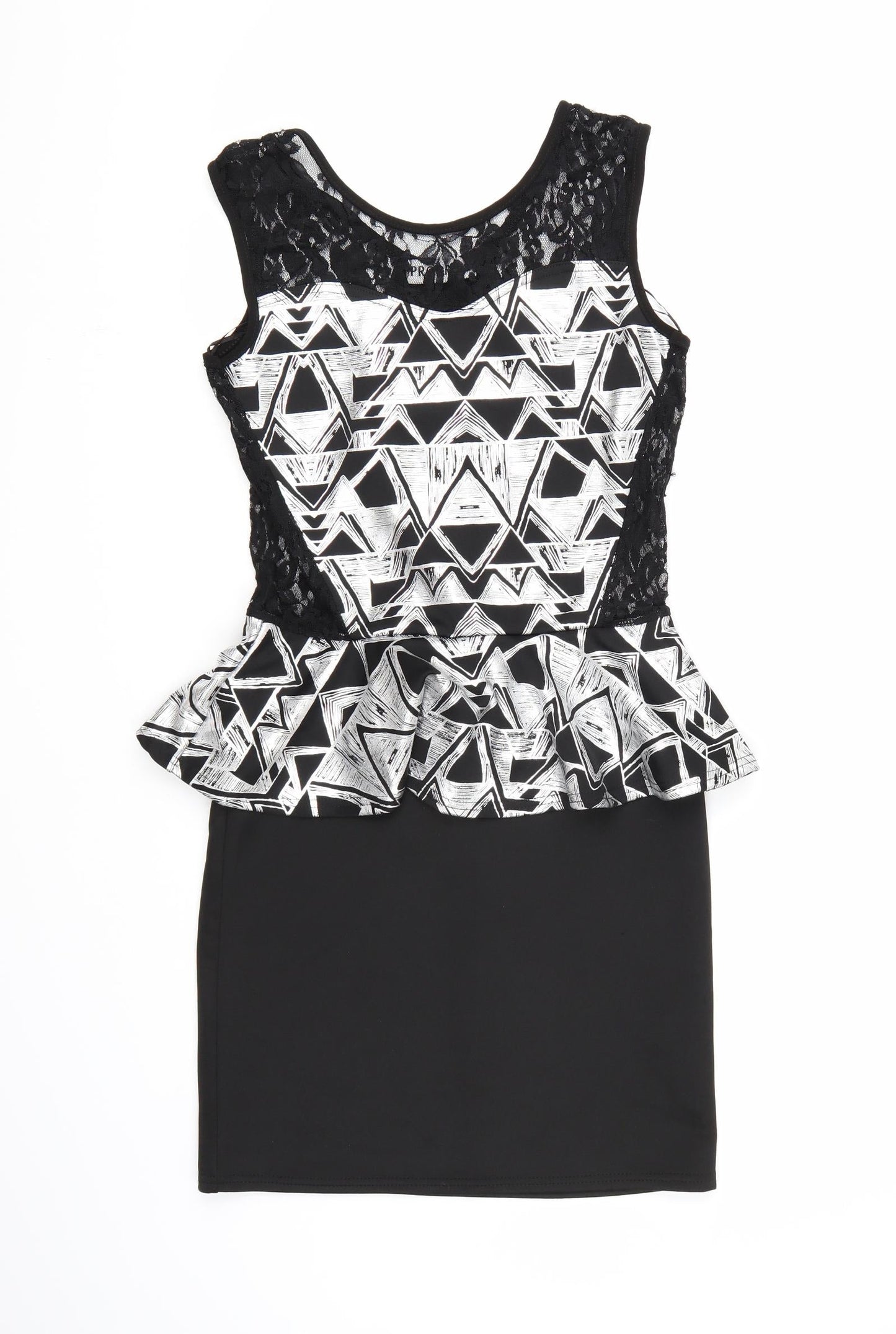 Progress Womens Black Geometric  Bodycon  Size M  - Frill Detail