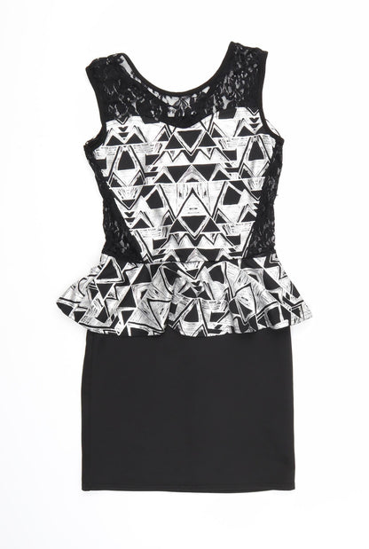 Progress Womens Black Geometric  Bodycon  Size M  - Frill Detail