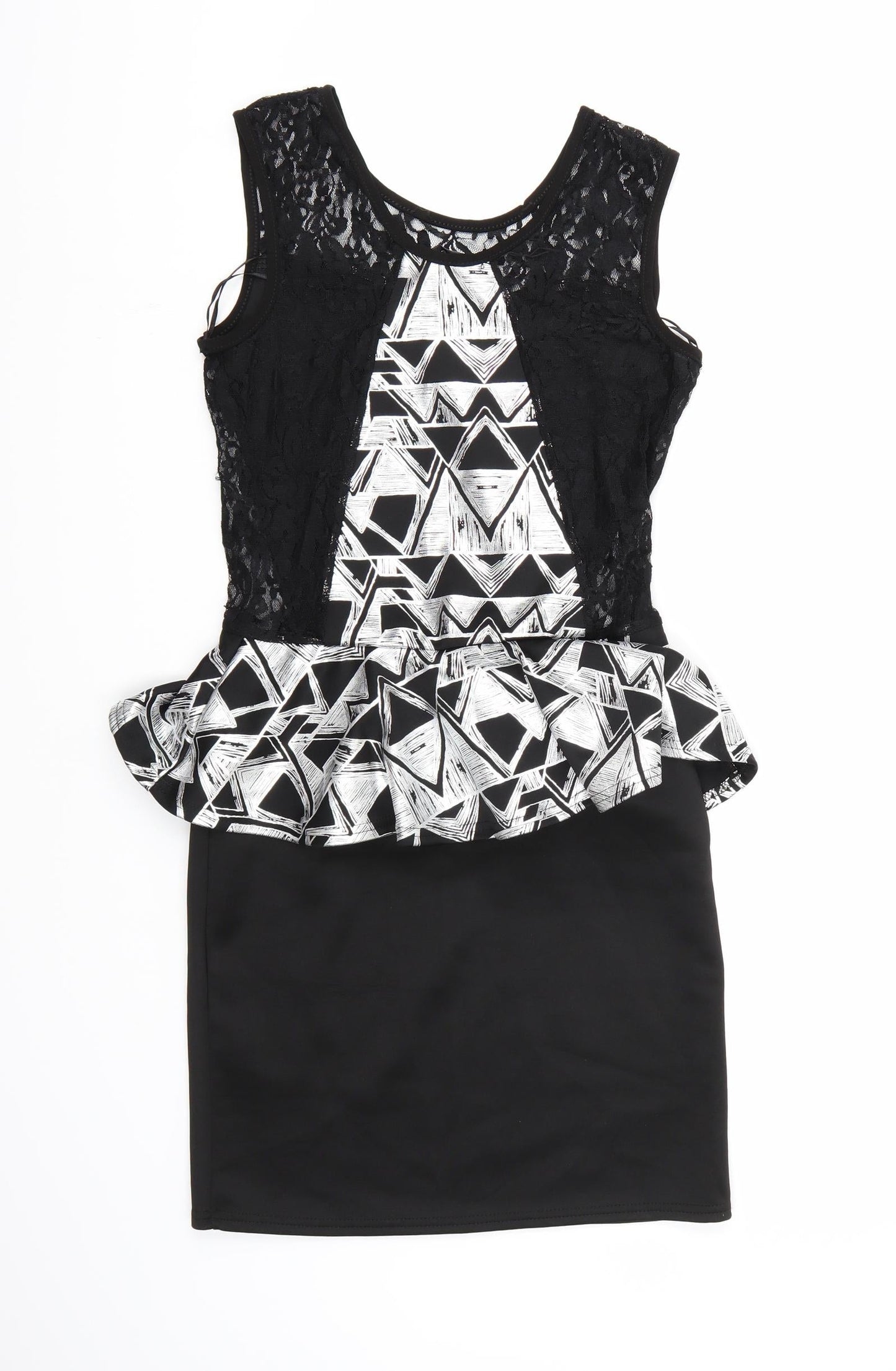 Progress Womens Black Geometric  Bodycon  Size M  - Frill Detail