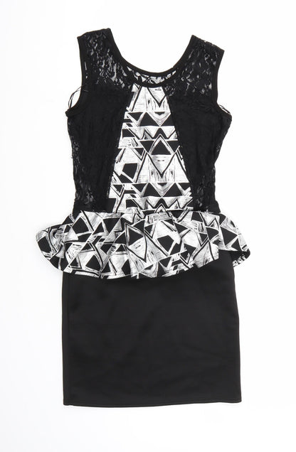 Progress Womens Black Geometric  Bodycon  Size M  - Frill Detail