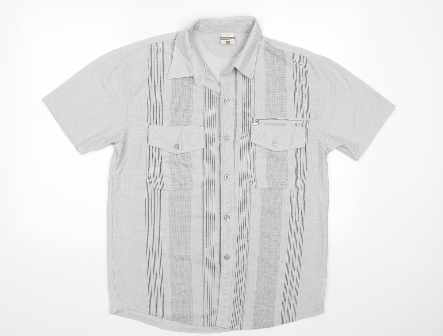Mens UK Size L GREEN-g Grey  Button-Up Short Sleeve Casual Shirt