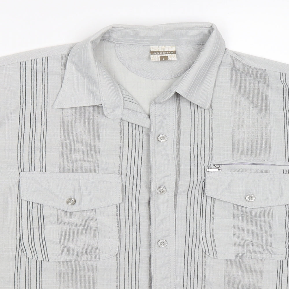 Mens UK Size L GREEN-g Grey  Button-Up Short Sleeve Casual Shirt