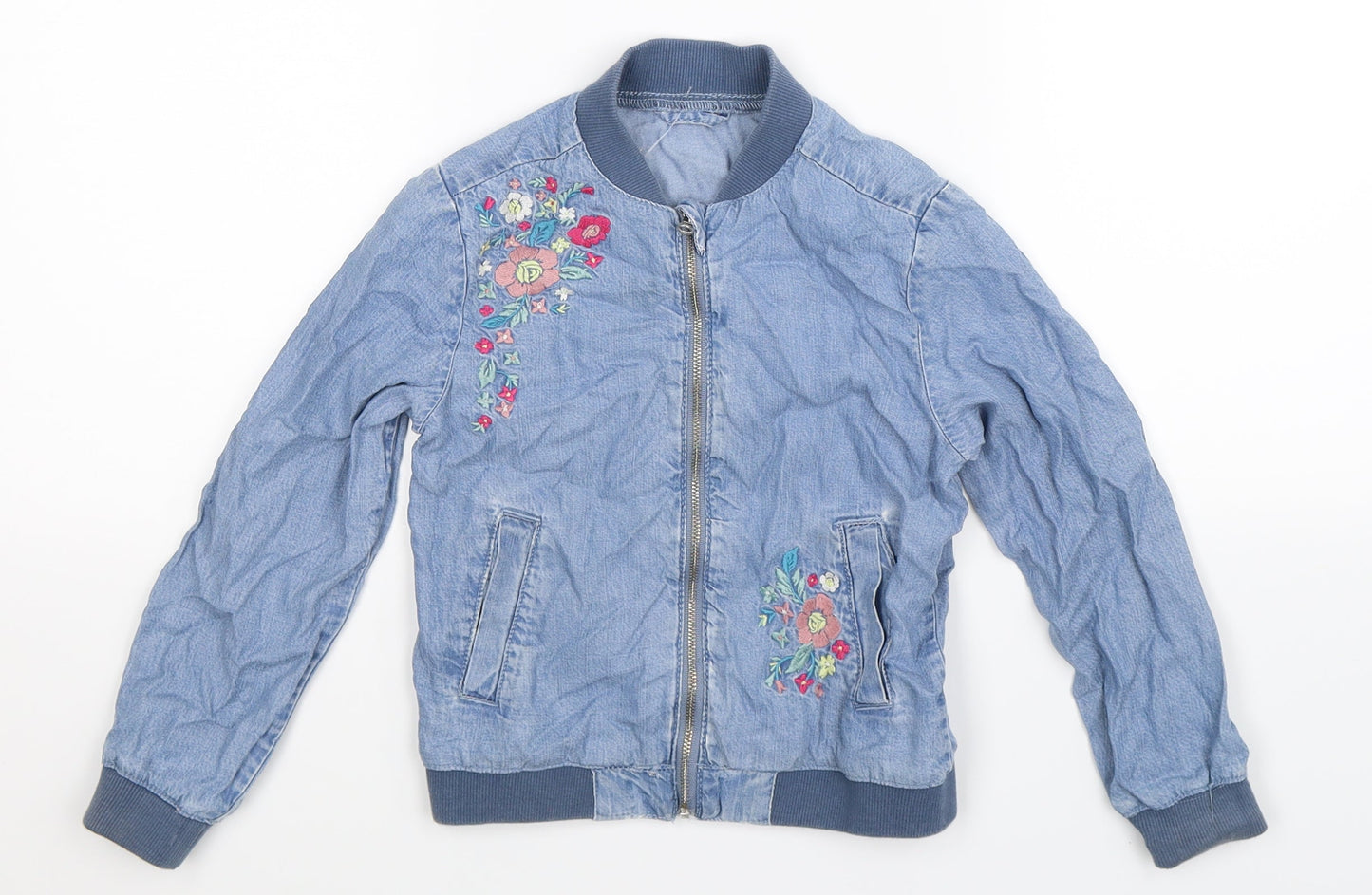 Preworn Girls Blue Floral Denim Bomber Jacket Jacket Size S