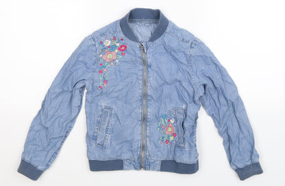 Preworn Girls Blue Floral Denim Bomber Jacket Jacket Size S