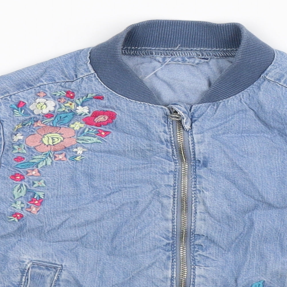 Preworn Girls Blue Floral Denim Bomber Jacket Jacket Size S