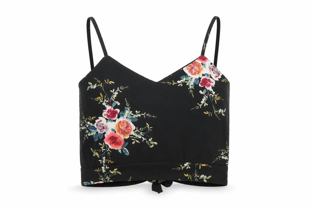 Front view of Preworn women’s black floral camisole blouse, size S