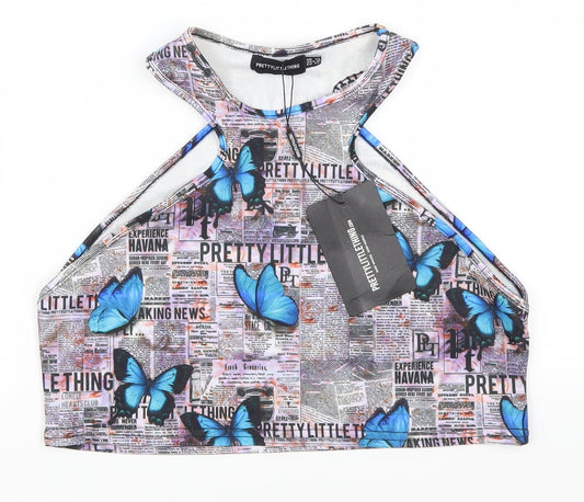 Pretty Little Thing Womens Purple Animal Print  Cropped Tank Size 14  - Butterflies