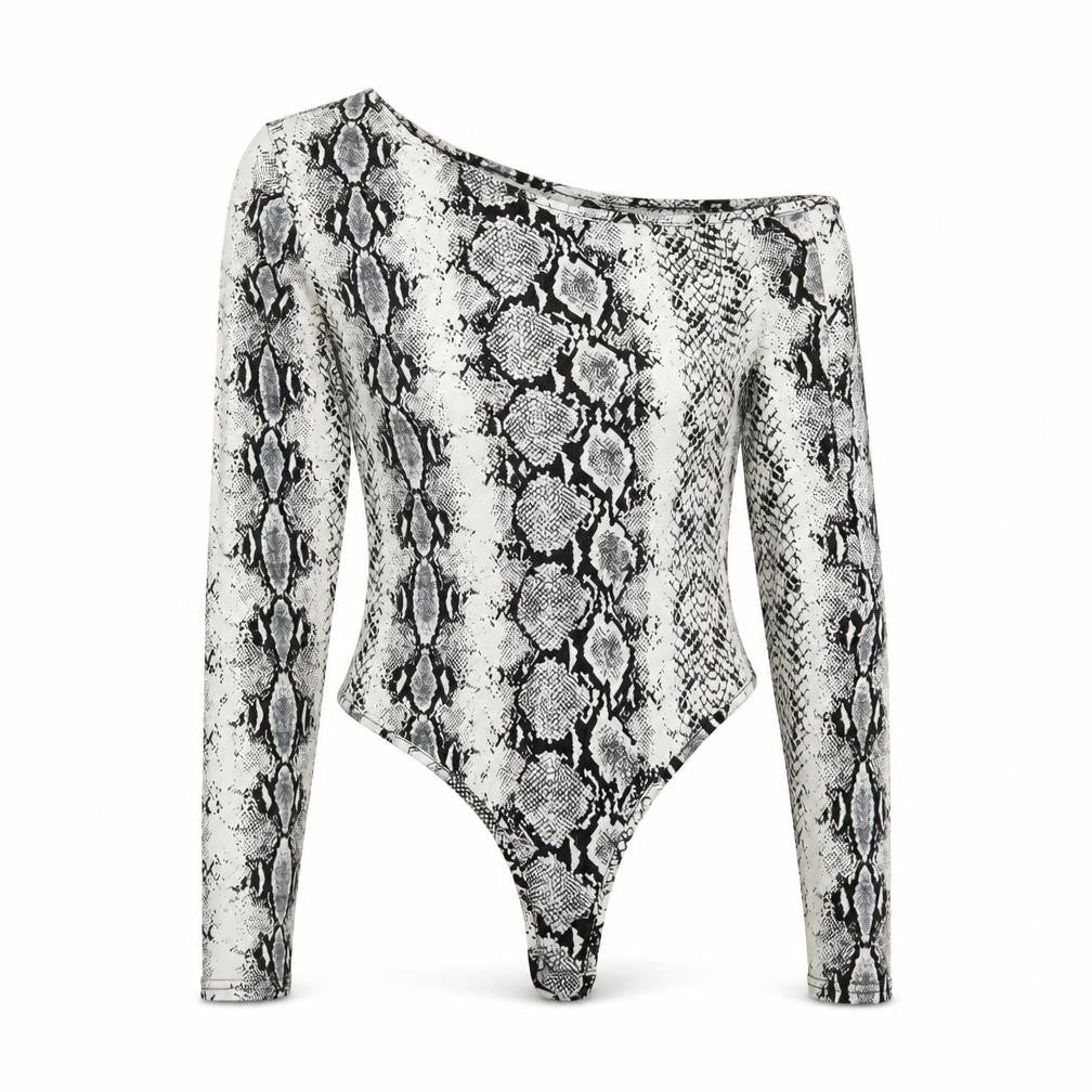 Front view of PRETTYLITTLETHING women’s white animal print bodysuit one-piece, size UK 10