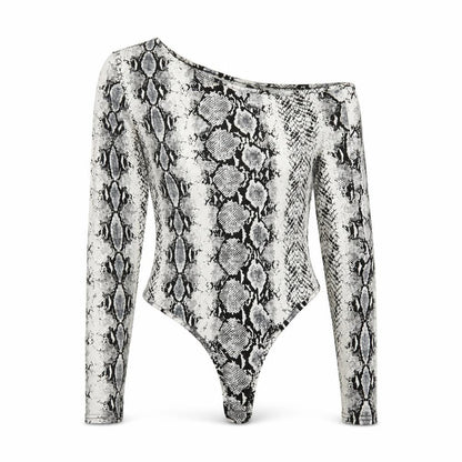 Front view of PRETTYLITTLETHING women’s white animal print bodysuit one-piece, size UK 10