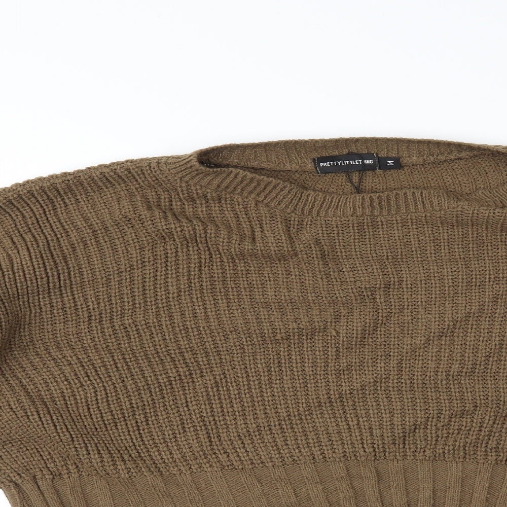 Close-up detail of PRETTYLITTLETHING women’s brown jumper, size M