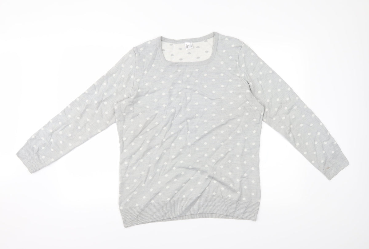 Additional front view of Preworn women’s grey polka dot jumper, size UK 16