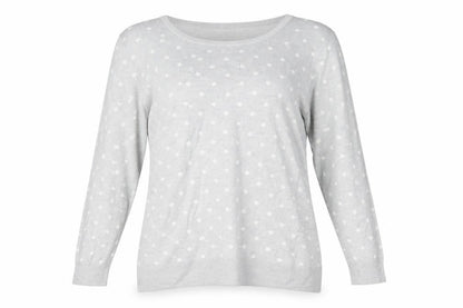 Front view of Preworn women’s grey polka dot jumper, size UK 16