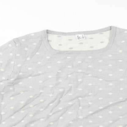 Close-up detail of Preworn women’s grey polka dot jumper, size UK 16