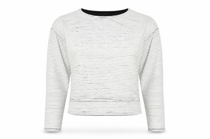 Front view of River Island women’s white striped jumper, size UK 12, - cropped