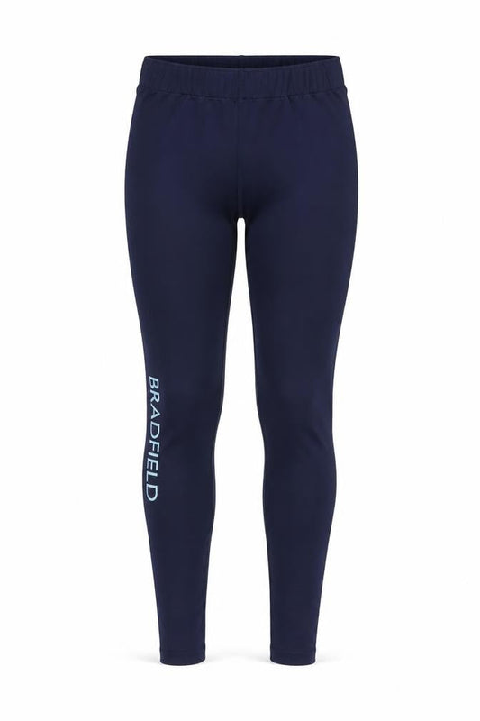 Front view of Playerlayer women’s blue compression leggings, size UK 8, 28-inch leg