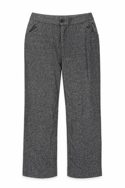 Front view of Preworn women’s grey trousers, size UK 34, in, 27-inch leg