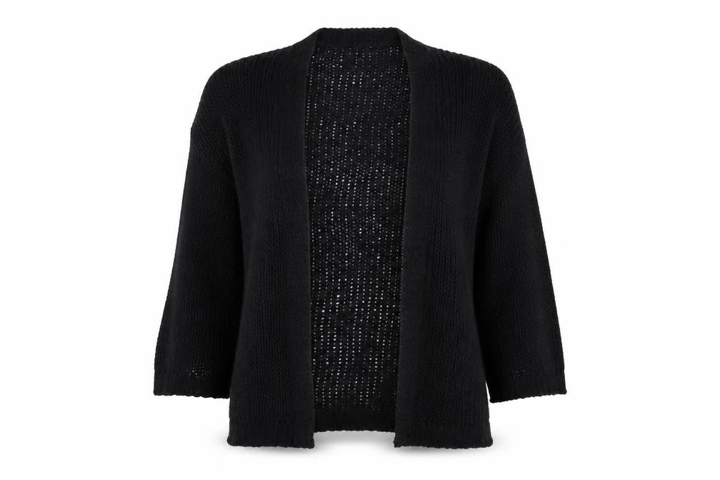 Front view of TQF women’s black cardigan jumper, size M