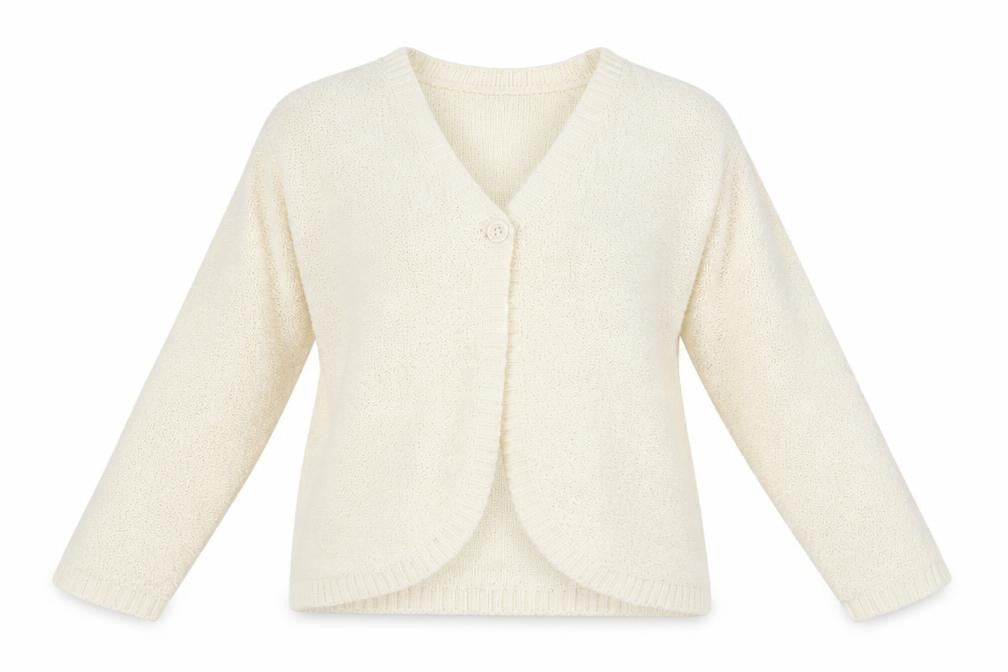 Front view of Poppy women’s ivory cardigan jumper, size UK 18