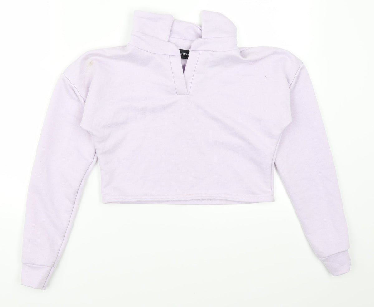 Additional front view of PRETTYLITTLETHING women’s purple pullover sweatshirt, size UK 4