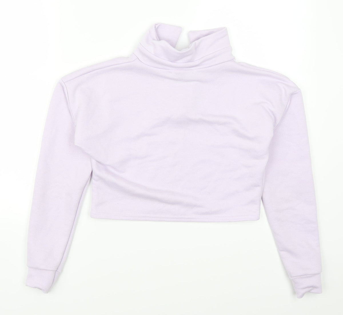 Back view of PRETTYLITTLETHING women’s purple pullover sweatshirt, size UK 4