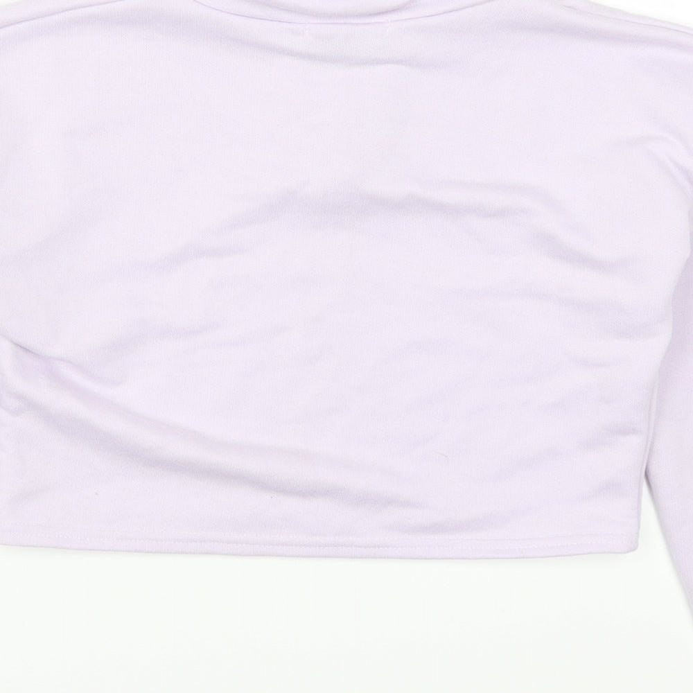 Brand and care label for PRETTYLITTLETHING women’s purple pullover sweatshirt, size UK 4