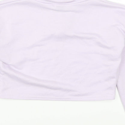 Brand and care label for PRETTYLITTLETHING women’s purple pullover sweatshirt, size UK 4