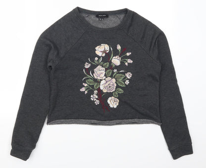 New Look Womens Grey Floral  Henley Sweatshirt Size 6