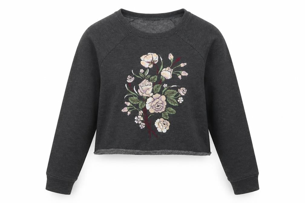 Front view of New Look women’s grey floral henley sweatshirt, size UK 6