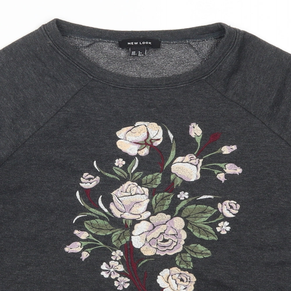 New Look Womens Grey Floral  Henley Sweatshirt Size 6