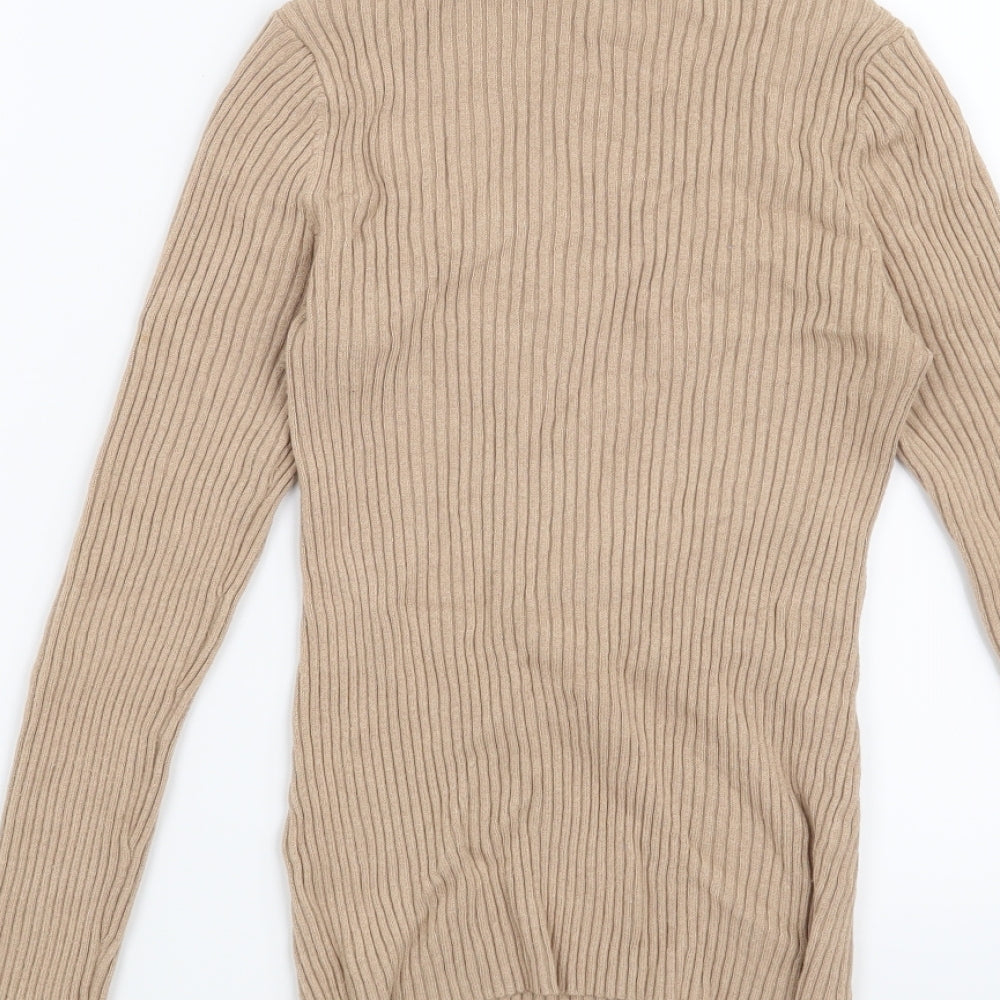 Brand and care label for Warehouse women’s brown jumper, size UK 8