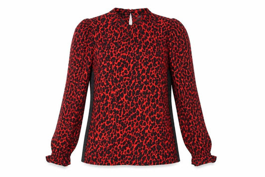 Front view of Preworn women’s red animal print basic blouse, size UK 10