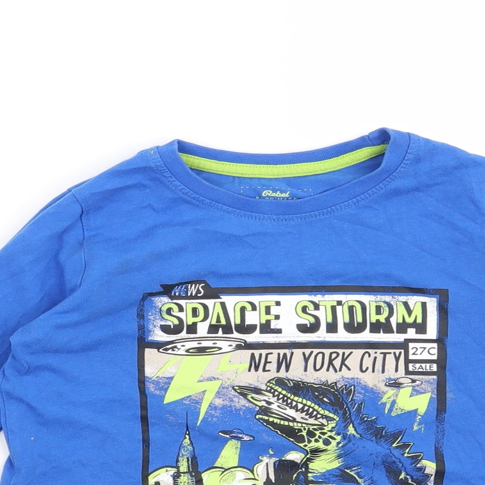 Close-up detail of Rebel boys’ blue basic t-shirt, size 4-5, years - space storm
