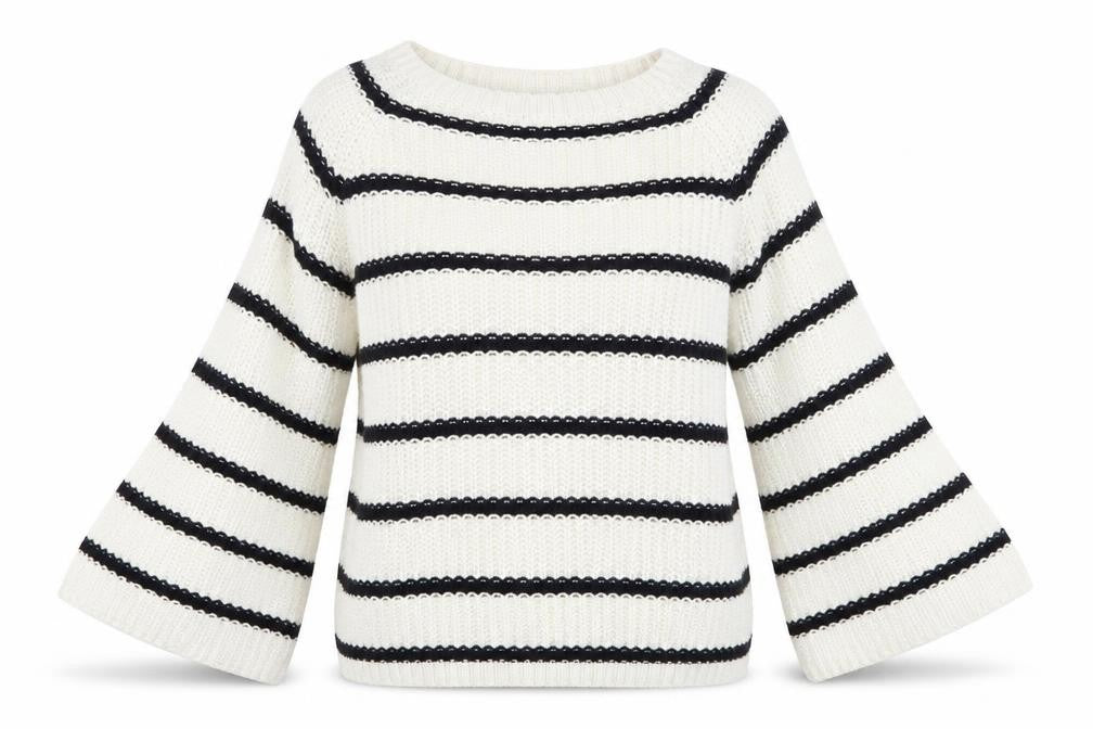 Front view of Marks & Spencer women’s beige striped knit jumper, size M
