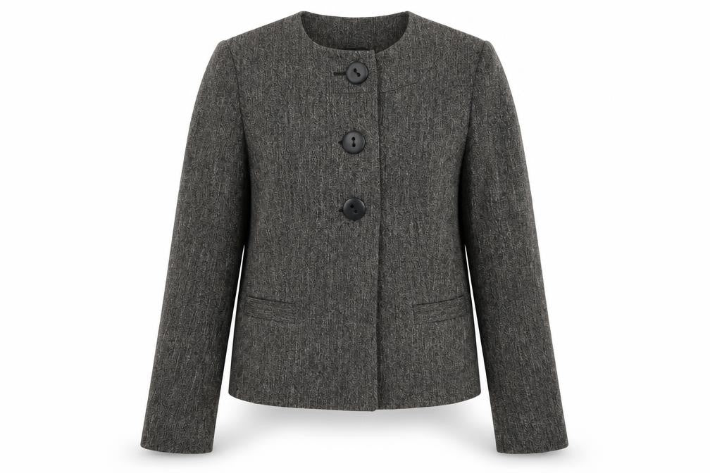 Front view of M&Co women’s grey jacket coat, size UK 14