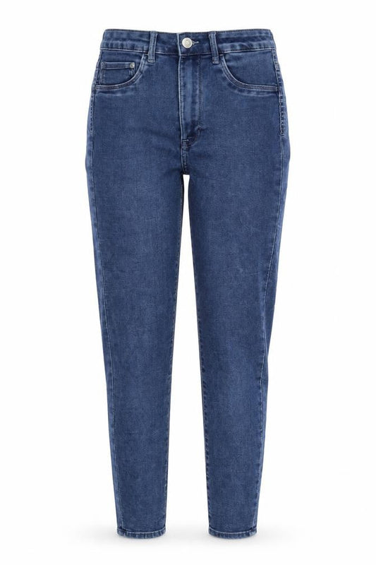 Front view of H&M women’s blue denim jegging jeans, size UK 27, in, 30-inch leg