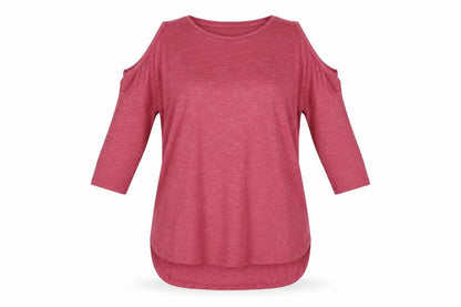 Front view of Papaya women’s pink knit jumper, size S, - cold shoudlers