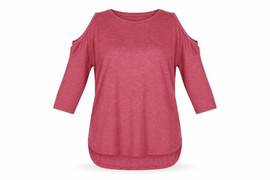 Front view of Papaya women’s pink knit jumper, size S, - cold shoudlers