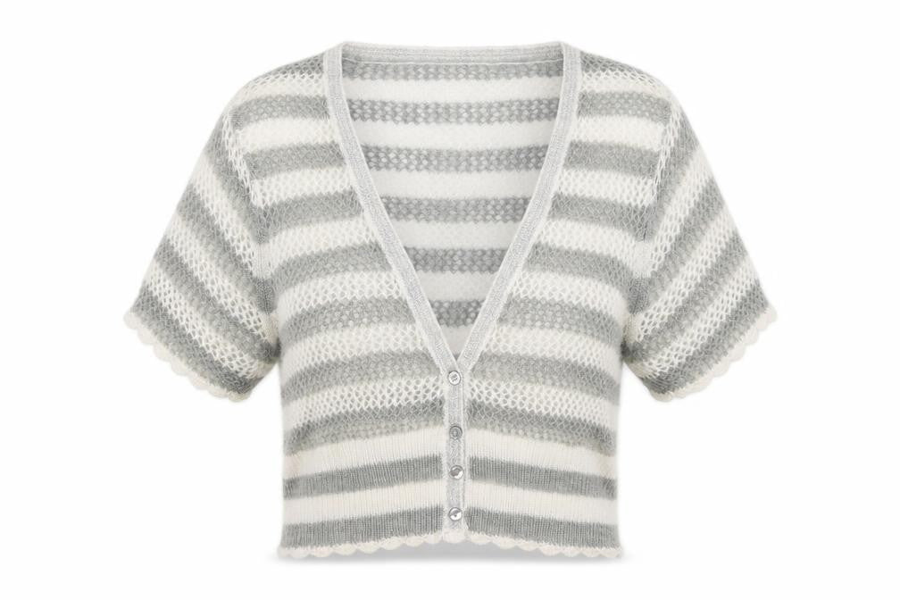 Front view of Authentic women’s grey striped knit shrug jumper, size UK 16