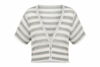 Front view of Authentic women’s grey striped knit shrug jumper, size UK 16