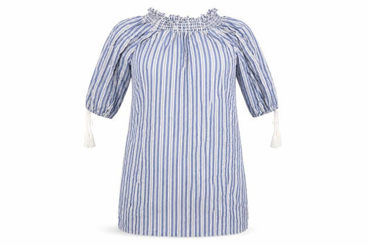 Front view of Max Studio women’s blue striped shift, size S