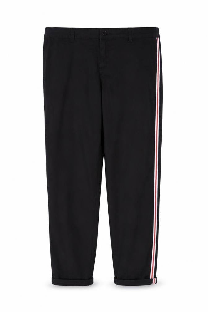 Front view of women’s black striped bootcut jeans, size XL, 28-inch leg