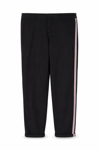 Front view of women’s black striped bootcut jeans, size XL, 28-inch leg